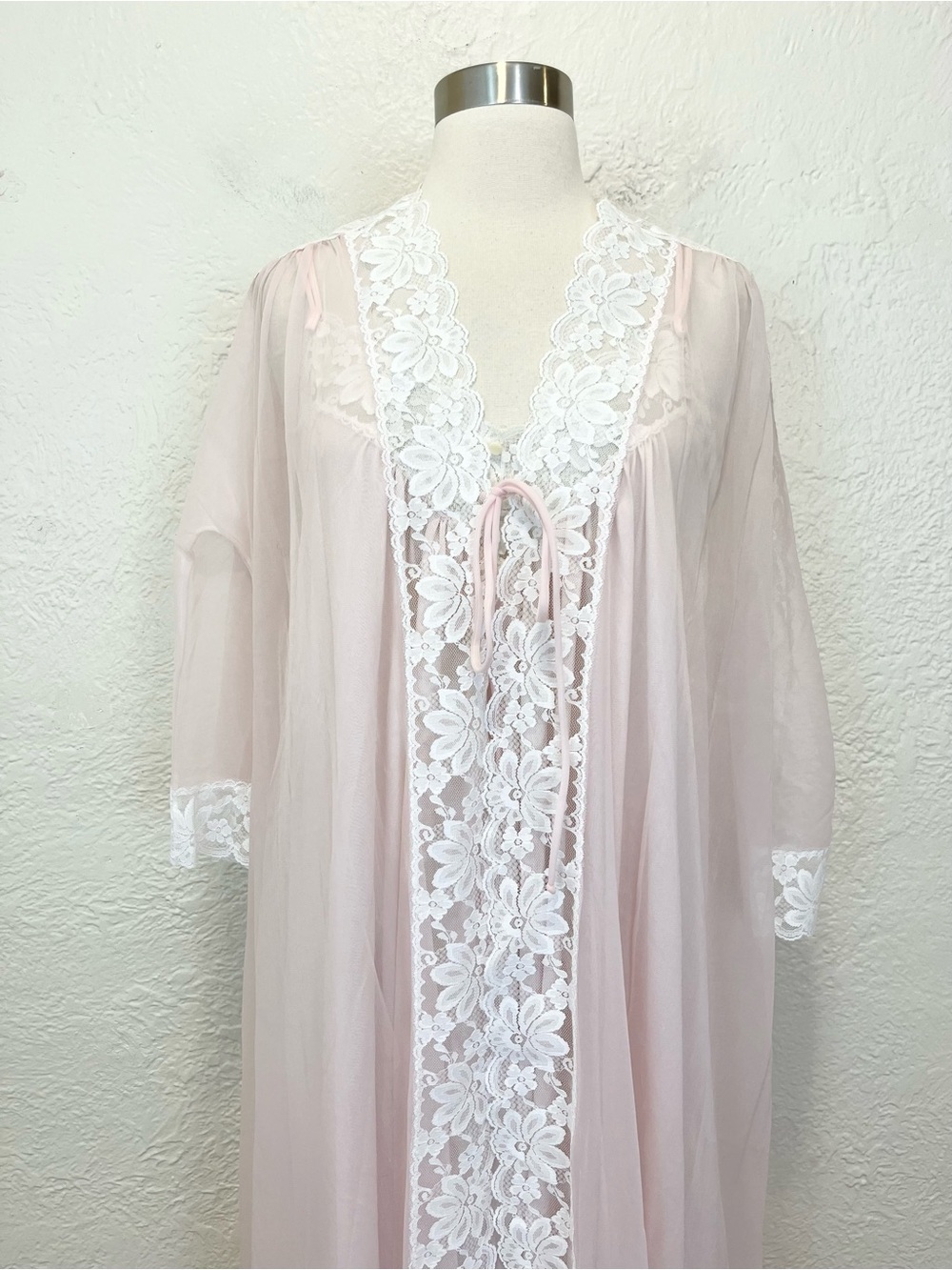 Val Mode Vintage Peignoir Set Nightgown Robe Light Pink White Lace Trim Small S - Picture 14 of 15